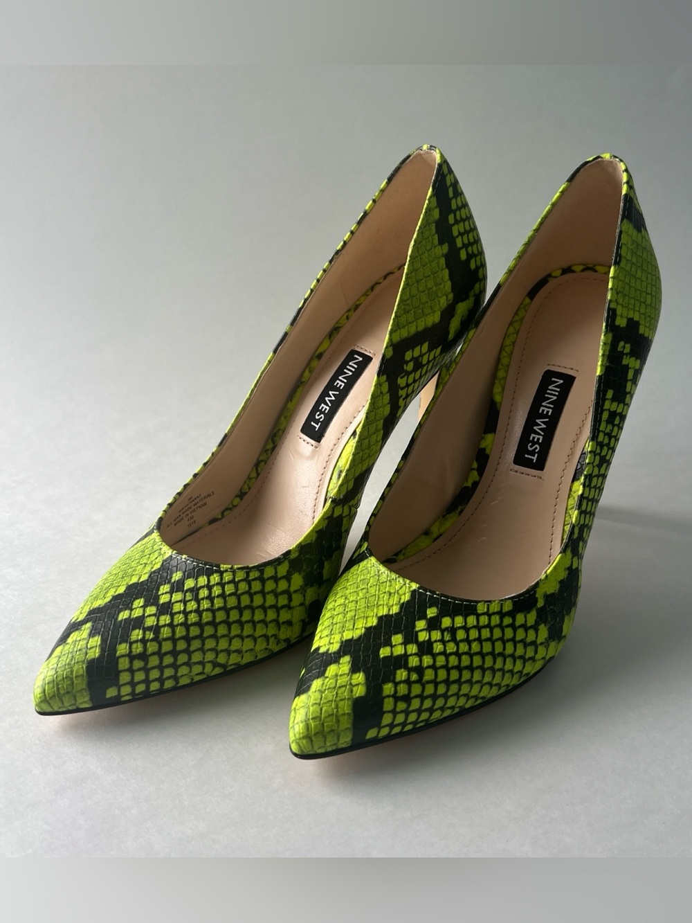 Nine West Tatiana Pointy Toe Pumps- Lime Green Snake-Print